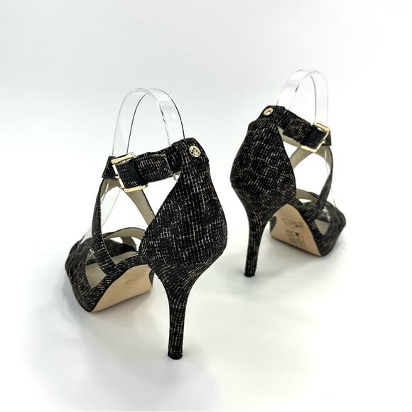 Michael Kors Evie Stiletto Heel Sandal Sz 8.5 Black/Gold Platform Spark Glitter - Picture 13 of 16